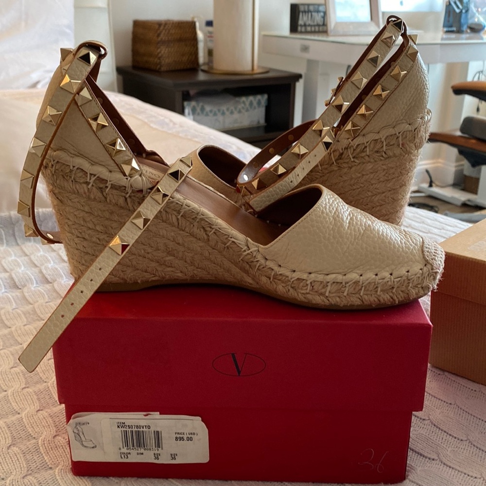 Valentino rock stud espadrilles nude wedge with ankle wrap around